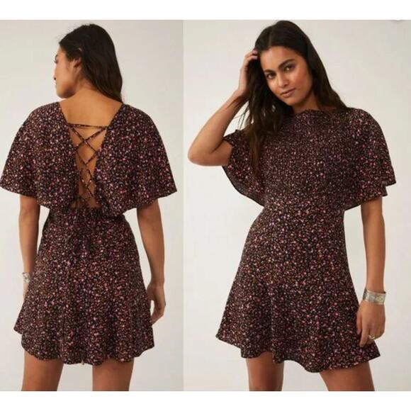 Free People Florence Mini Dress Small Floral Smocked Open Back Boho Cowgirl - Picture 1 of 13